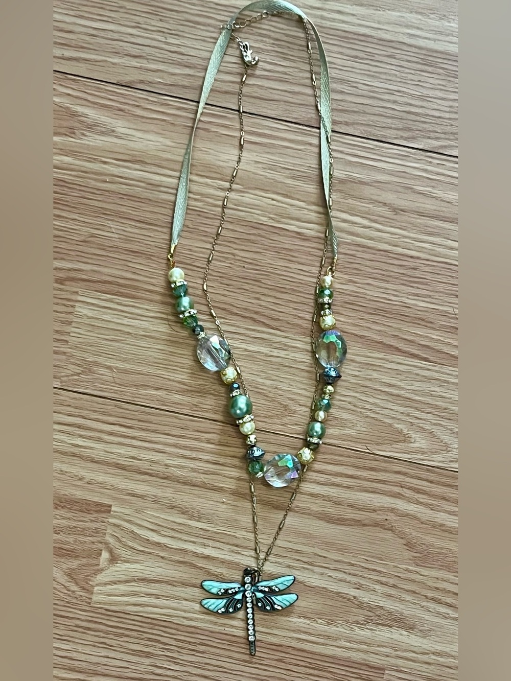 Come Fly With Me - Layered Necklaces Handcrafted Green Beaded and Dragonfly